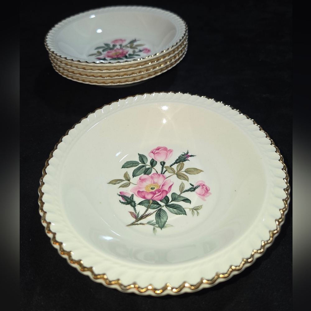 Cottage Core Vtg 22kt. Gold Rim Harker Pottery Company Wild Rose 5 1/2" Bowls